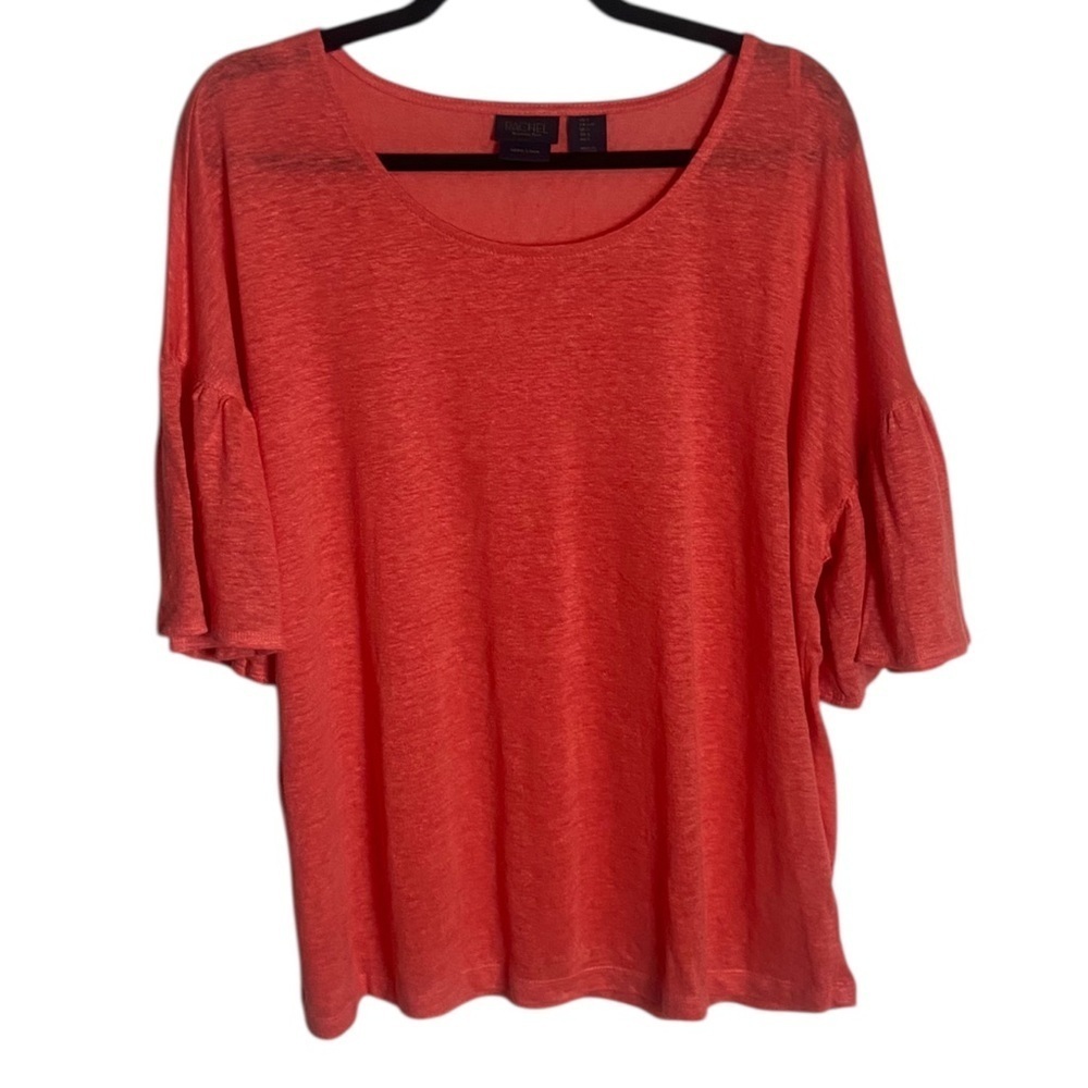Rachel Roy Blouse Size L Coral 100% Linen Short Bell Sleeve Beach Casual Preppy